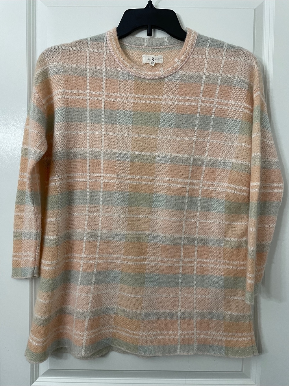 Lou & Grey Peach and Sage Plaid Crewneck Sweater